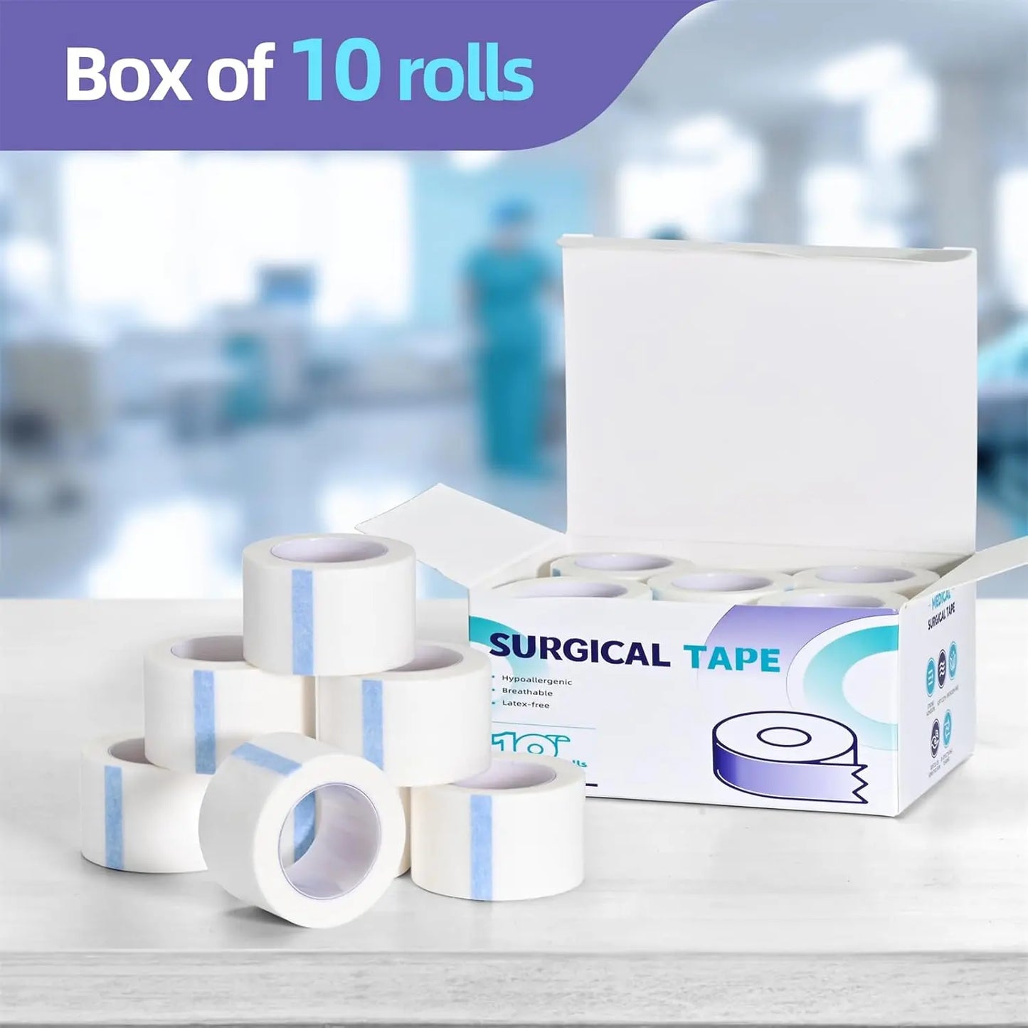 Hypoallergenic Medical Paper – Latex-Free Surgical & First Aid for Skin, Wound Dressings (10 Rolls, 1" x 10 Yards) Healthcare Kit tape